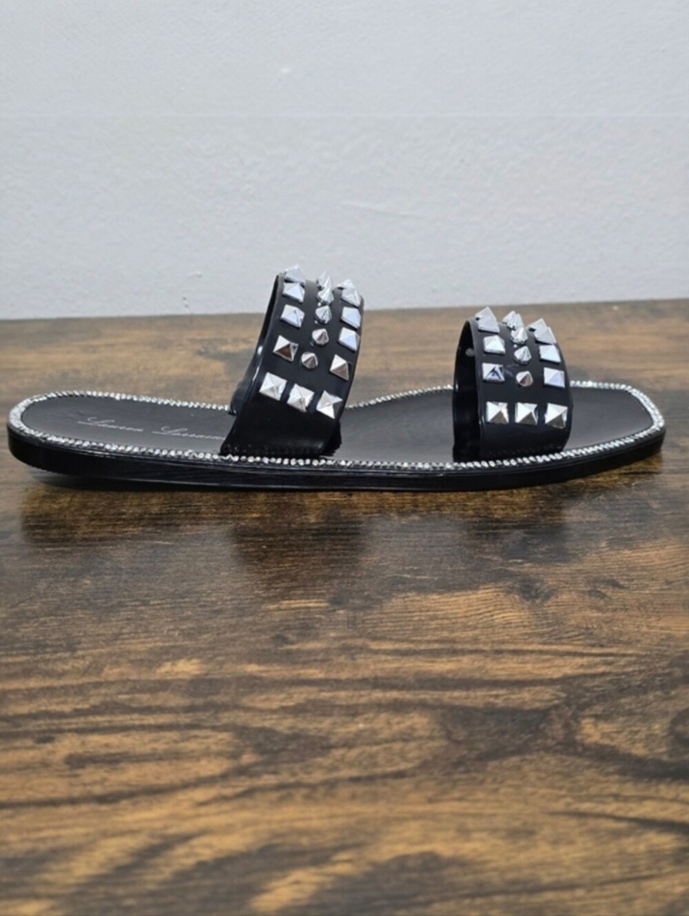 Lauren Lorraine Studley Black Studded Rhinestone Jelly Slide Sandals Size 7